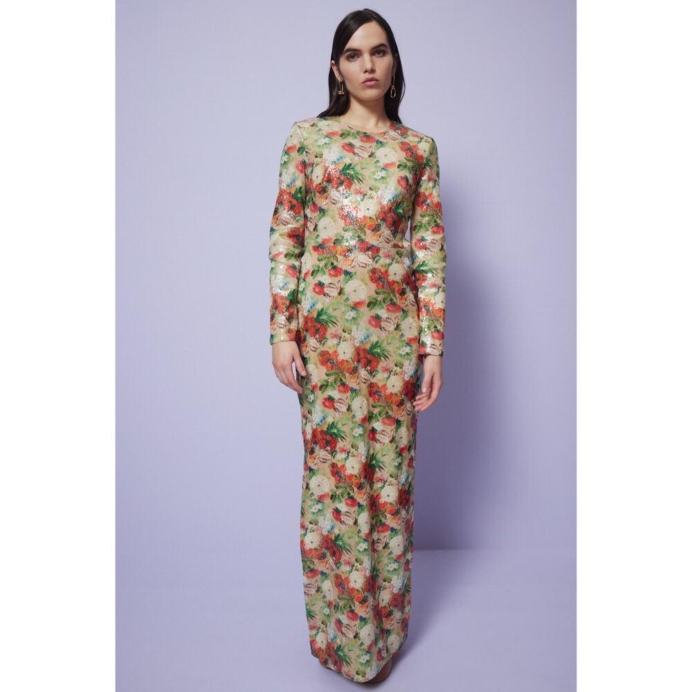 ROSETTA GETTY Multicolored Floral Crepe De Chine Sequin Long Sleeve Gown Size 0 - Picture 3 of 16
